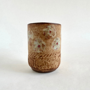 Spako Clay Demi-Tasse Cup 1 burnt orange glaze multi flowers