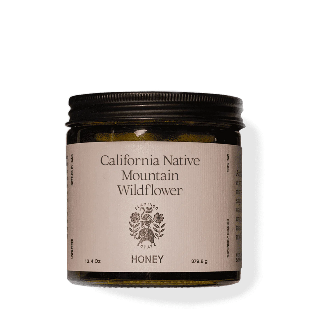 Flamingo Estate California Native Mountain Wildflower Honey in a glass jar