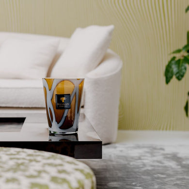 Decorative glass vase on a coffee table with a white sofa and green plant in the background