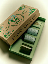 Flamingo Estate Discovery Set: body wash, lotion, soap bar, and a candle. presentation gift box