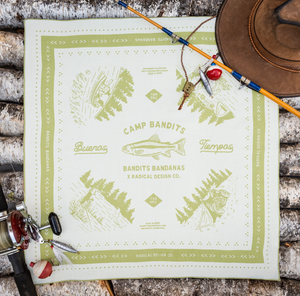 "Buenos Tiempos" bandana with outdoor fishing gear