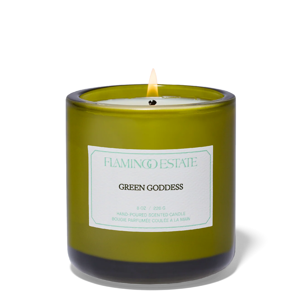 Flamingo Estate Green Goddess Candle in white background 