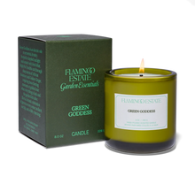 Flamingo Estate Green Goddess Candle and box packaging in white background 
