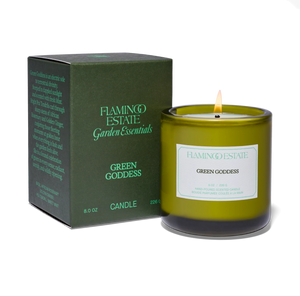 Flamingo Estate Green Goddess Candle and box packaging in white background 