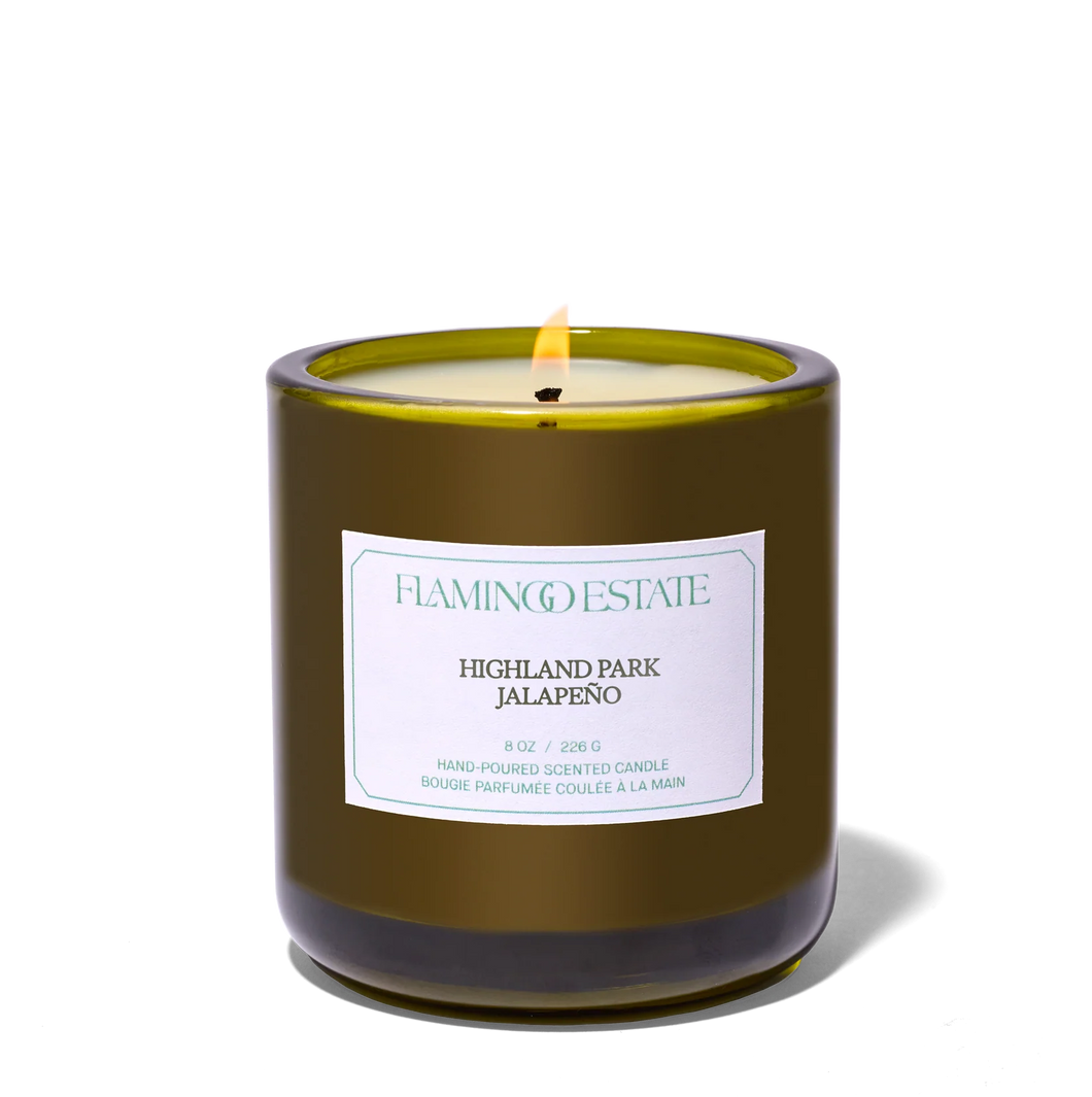 Flamingo Estate Highland Park Jalapeño candle in white background