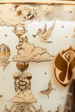 Decorative design with clouds, balloons, and a butterfly on a light background