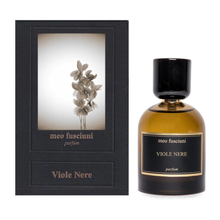 Meo Fusciuni Viole Nere Perfume Bottle with black box packaging.  Black and white picture of violet flowers