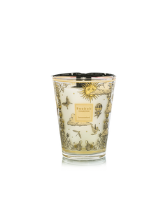 Decorative candle with intricate designs on a white background
