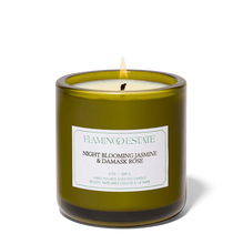 Flamingo Estate Night Blooming Jasmine & Damask Rose candle with label 