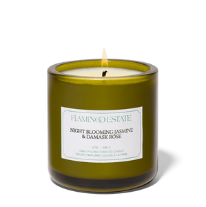 Flamingo Estate Night Blooming Jasmine & Damask Rose candle with label 