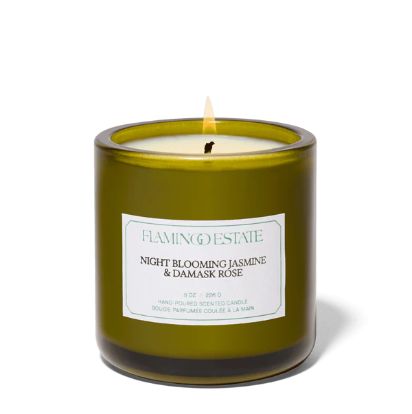 Flamingo Estate Night Blooming Jasmine & Damask Rose candle with label 