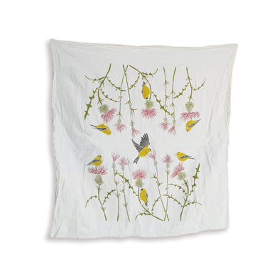 tea towel with thistle and finch design on white background