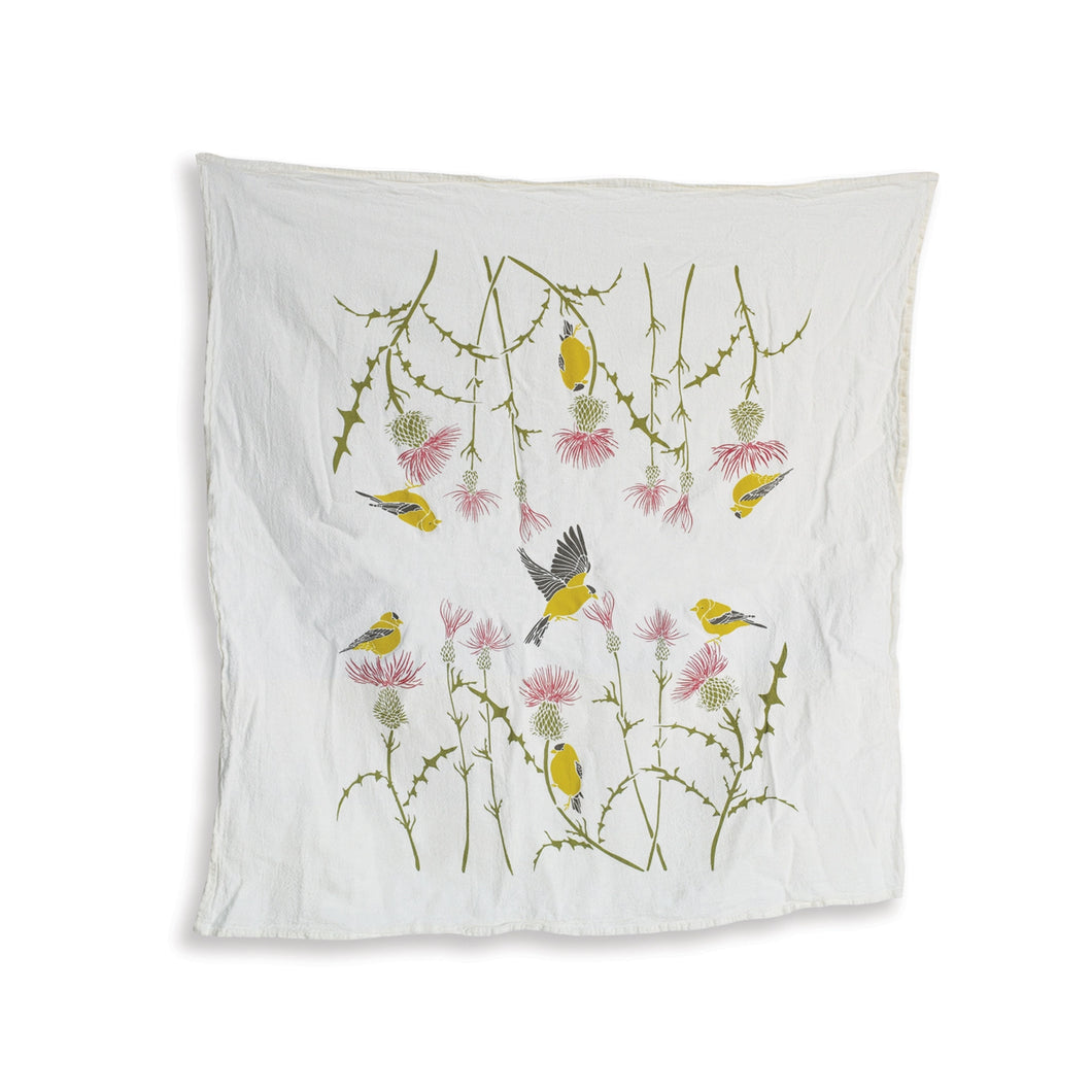 tea towel with thistle and finch design on white background