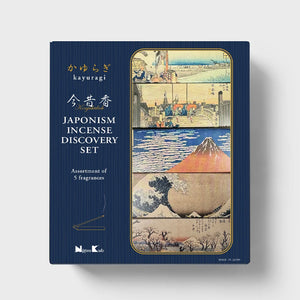 Japonism Incense Discovery Set packaging with Japanese artwork on a blue background