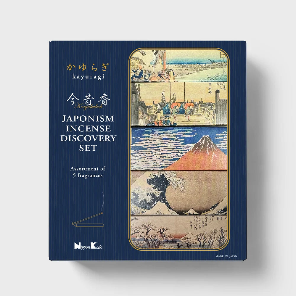 Japonism Incense Discovery Set packaging with Japanese artwork on a blue background