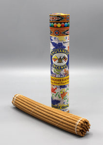 Bold graphic presentation cylinder package with a bundle of incense on the side. 