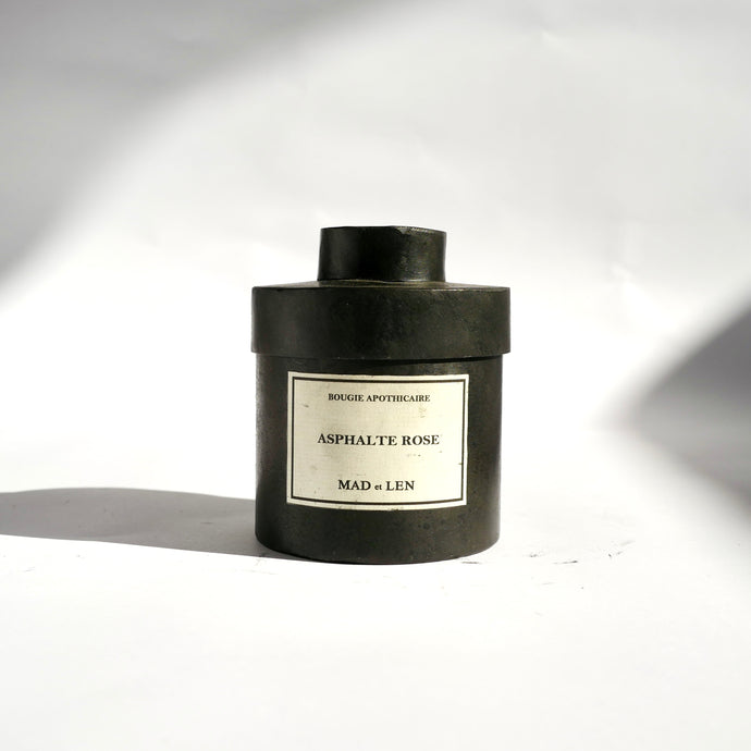 Black metal cylinder Mad et Len Candle Apothicaire Petite - ALSPHATE ROSE with lid cover. 