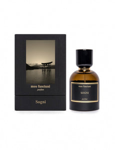 Meo Fusciuni - Sogni perfume and box. Picture on box of a Japanese gate in water. 