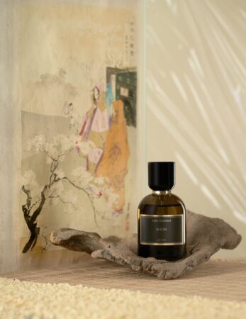 Meo Fusciuni - Sogni  perfume bottle on drift wood in front of a Japanese print. 