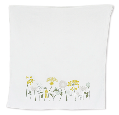 June and December Happiness white tea Towel with printed wild flowers. 