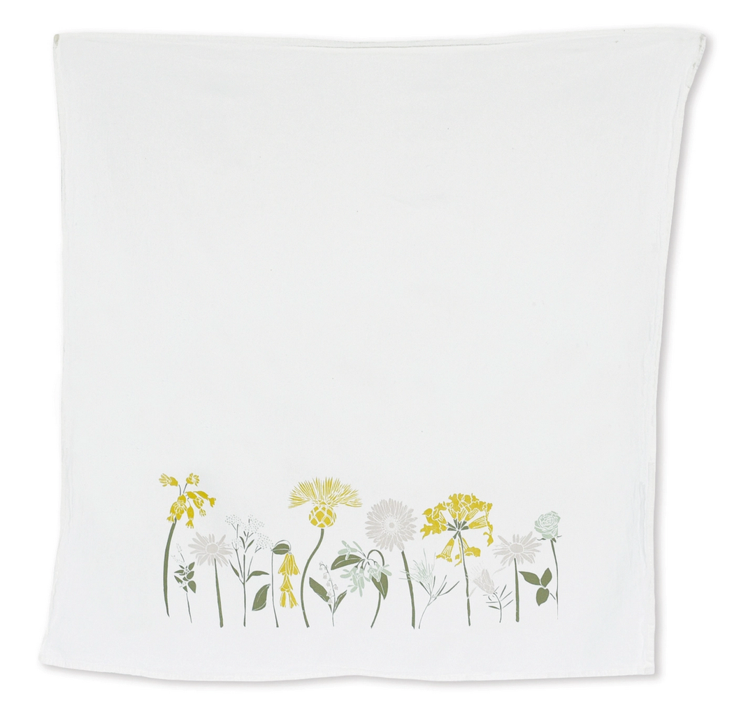 June and December Happiness white tea Towel with printed wild flowers. 