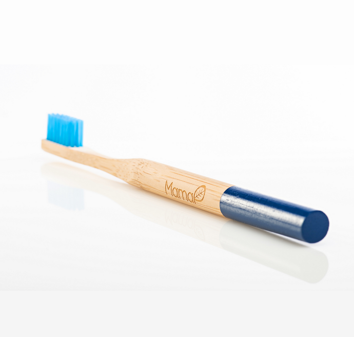 Ocean Conservation Bamboo Toothbrush. Bamboo handle with painted blue at the end. Blue bristles. 