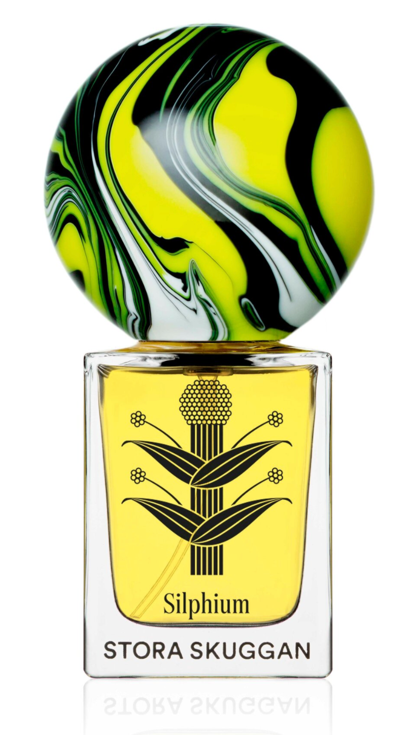 Stora Skuggan - Silphium Eau de Parfum - perfume bottle with green and yellow marbleized color marble cap 