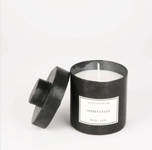 Mad et Len Candle Apothicaire Petite - SPIRITUELLE. Lid opened to show white wax. 
