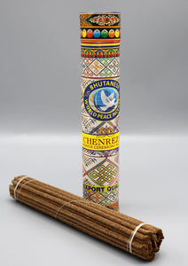 Bold graphic packaging Chenrezig Prayer Ceremony Bhutanese arranged with a bundle of Incense. 