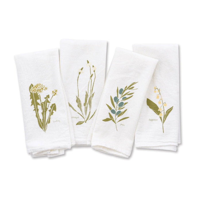 June and December  Language of Flowers Napkins (Empowerment) / Set of 4. Each white napkin has individual floral motifs. 