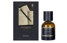 Meo Fusciuni - Notturno bottle and box packaging. Picture on box of hand written pages. A nail on top of pages. 
