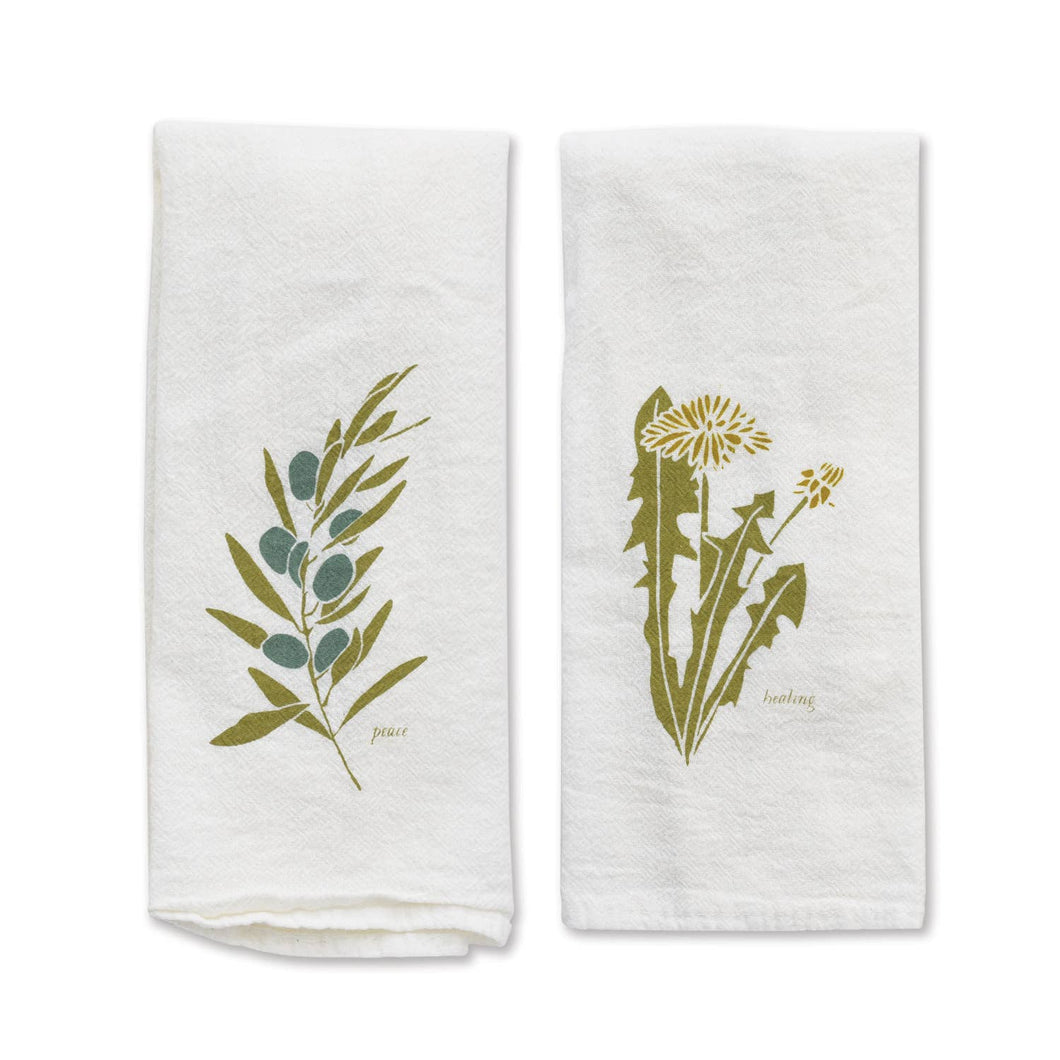 Peace + Healing Olive + Dandelion print pattern Napkins.