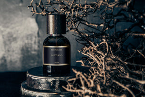 Meo Fusciuni - Notturno perfume bottle with wood twigs on pedestal. 